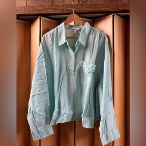 Linen Blend (Size 3X) White Crop Button Down Shirt Blouse Minimalist Travel